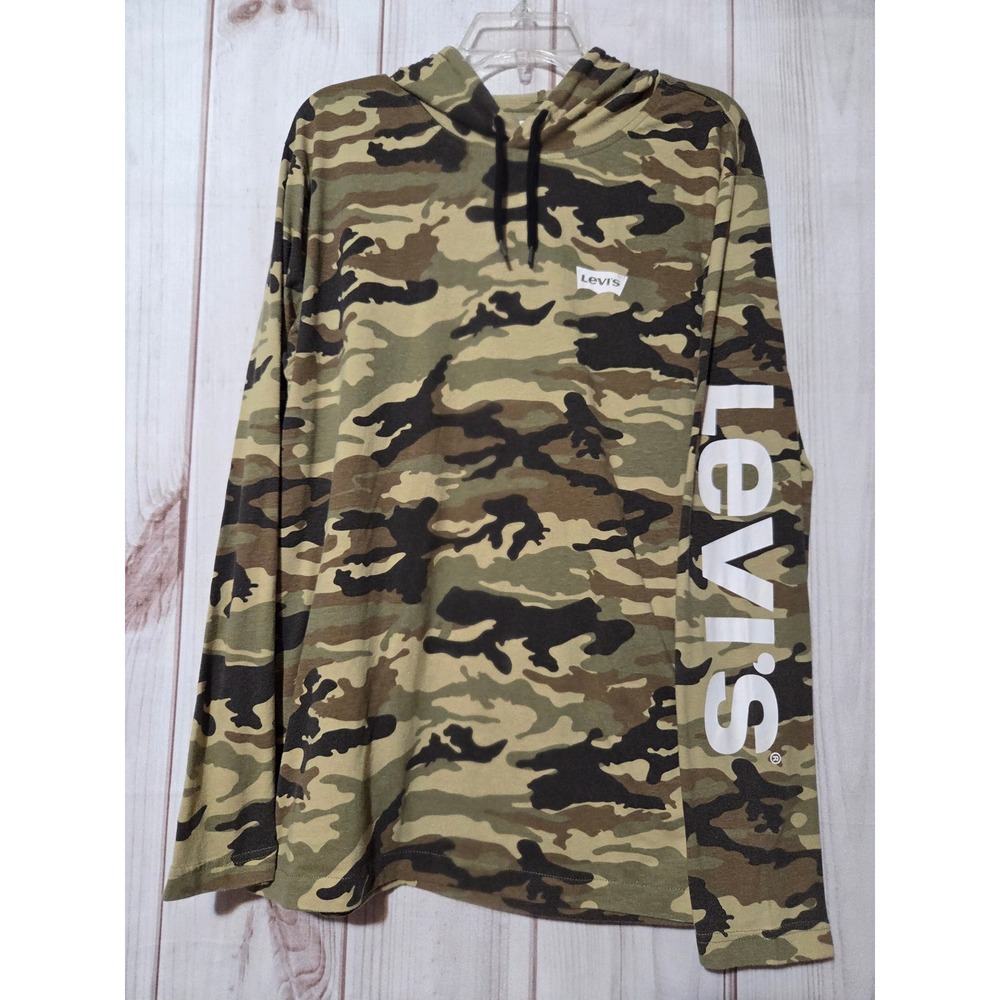 Levis Mens XL Camo Long Sleeve Hooded T-Shirt Graphic Sleeve Logo